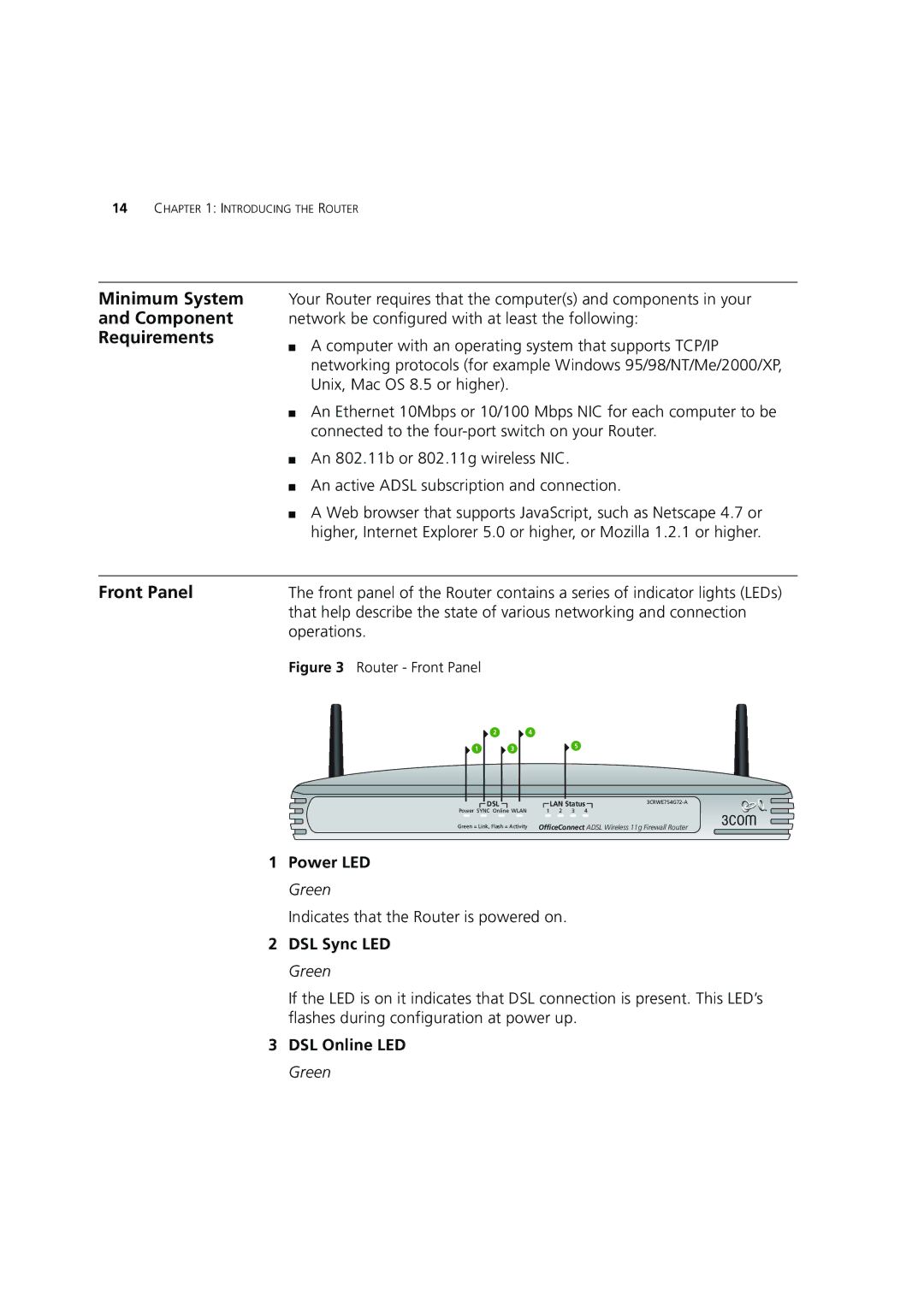 3Com WL-540B manual Minimum System Component Requirements, Front Panel, Power LED Green, DSL Sync LED Green, DSL Online LED 