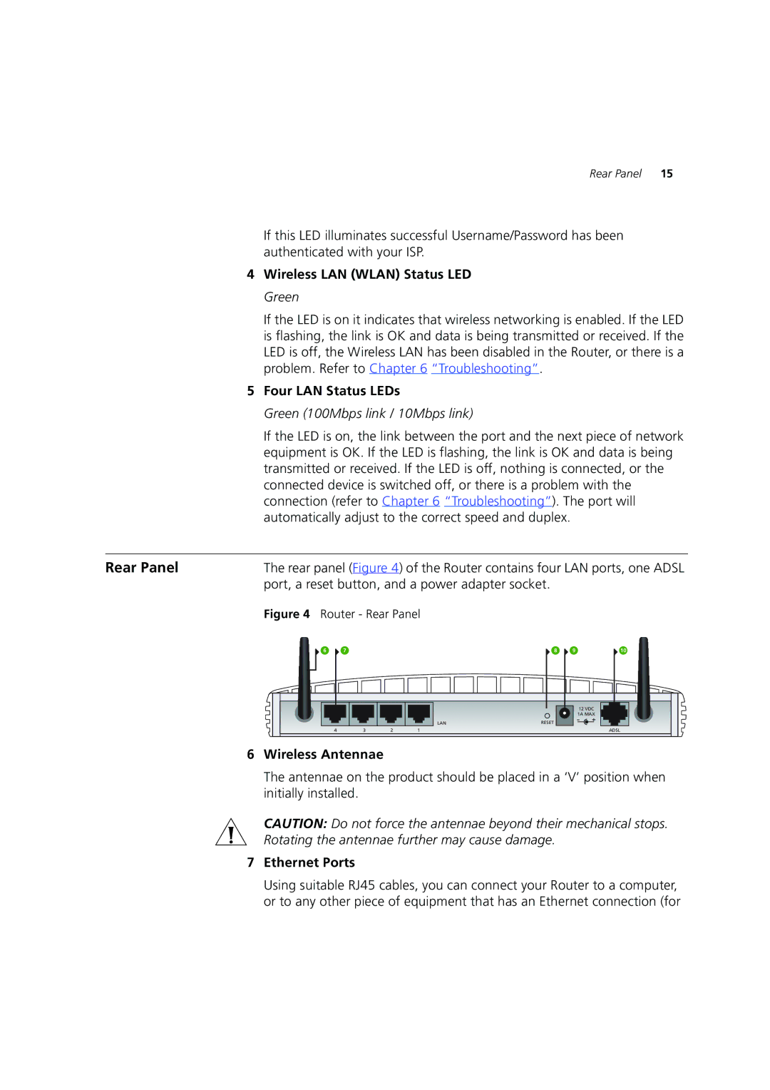 3Com 3CRWE754G72-A, 3CRWE754G72-B Rear Panel, Wireless LAN Wlan Status LED Green, Four LAN Status LEDs, Wireless Antennae 