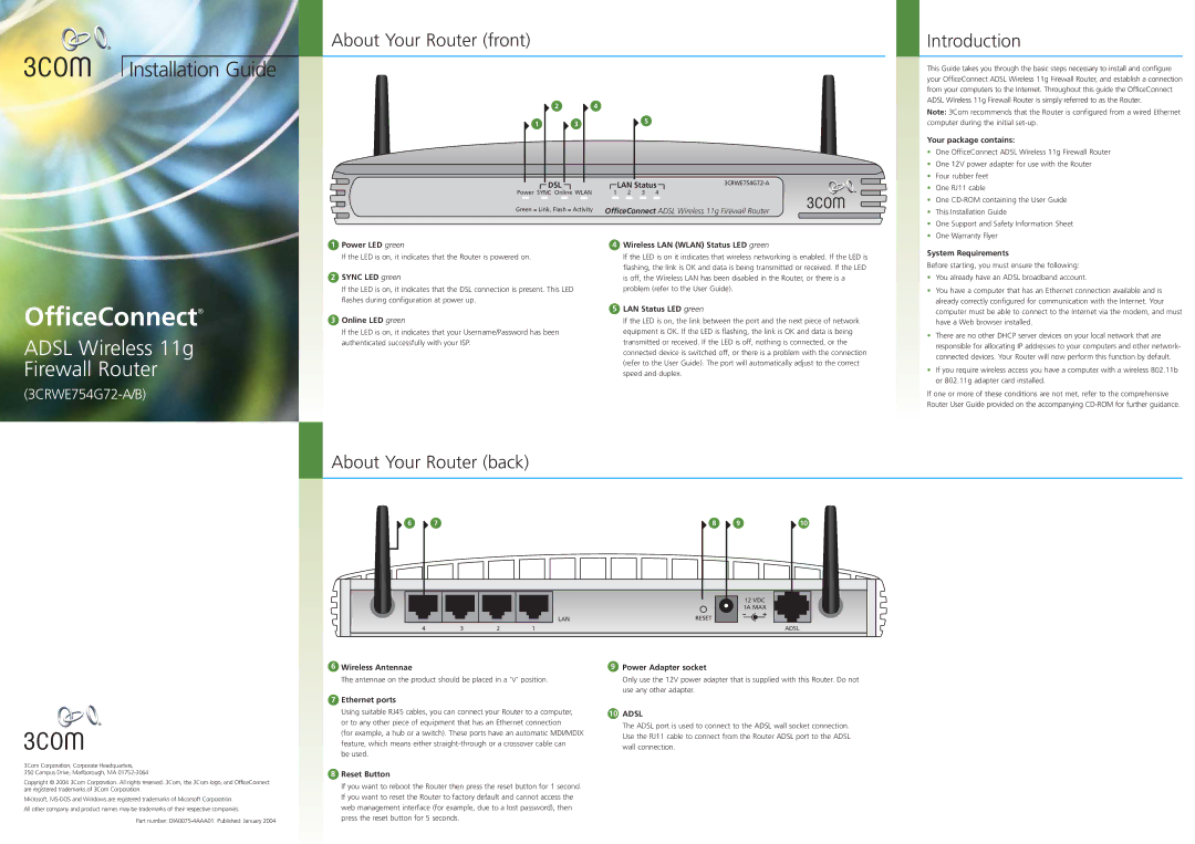 3Com 3CRWE754G72-A/B warranty About Your Router front, Introduction, About Your Router back 