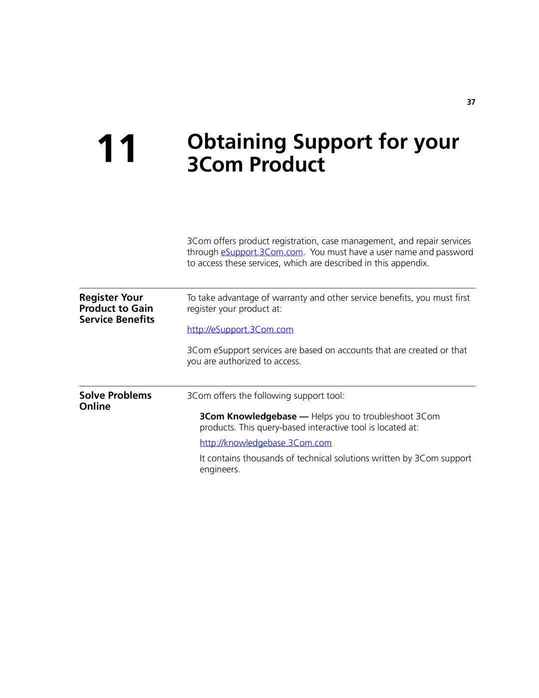 3Com 3CRWE776075 quick start Obtaining Support for your, 3Com Product 