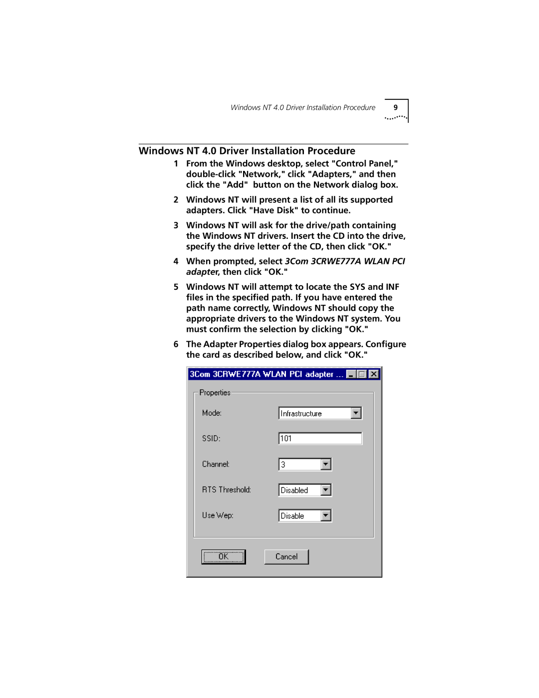 3Com 3CRWE777A manual Windows NT 4.0 Driver Installation Procedure 