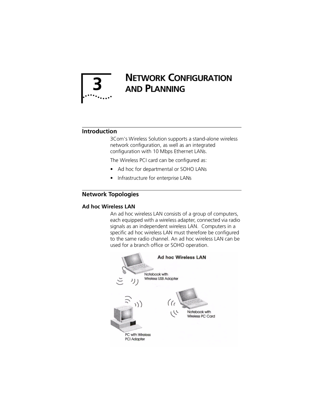 3Com 3CRWE777A manual Planning, Network Topologies, Ad hoc Wireless LAN 