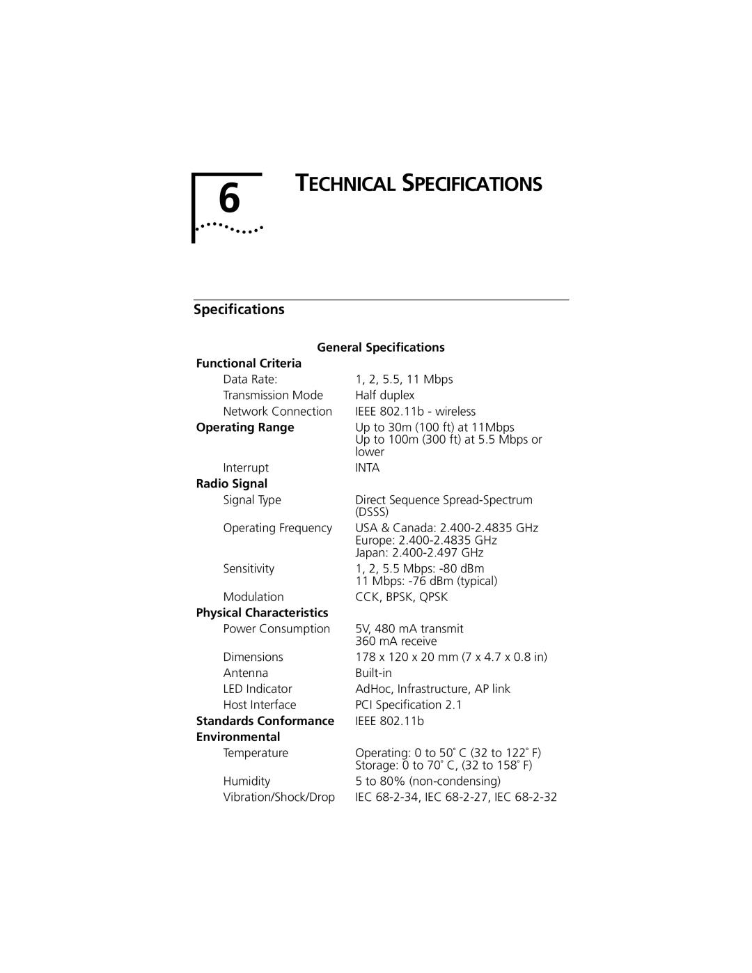 3Com 3CRWE777A manual Technical Specifications, Speciﬁcations 