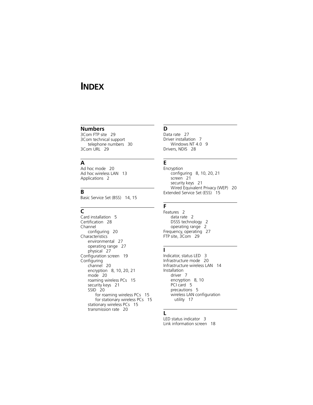 3Com 3CRWE777A manual Index, Numbers 