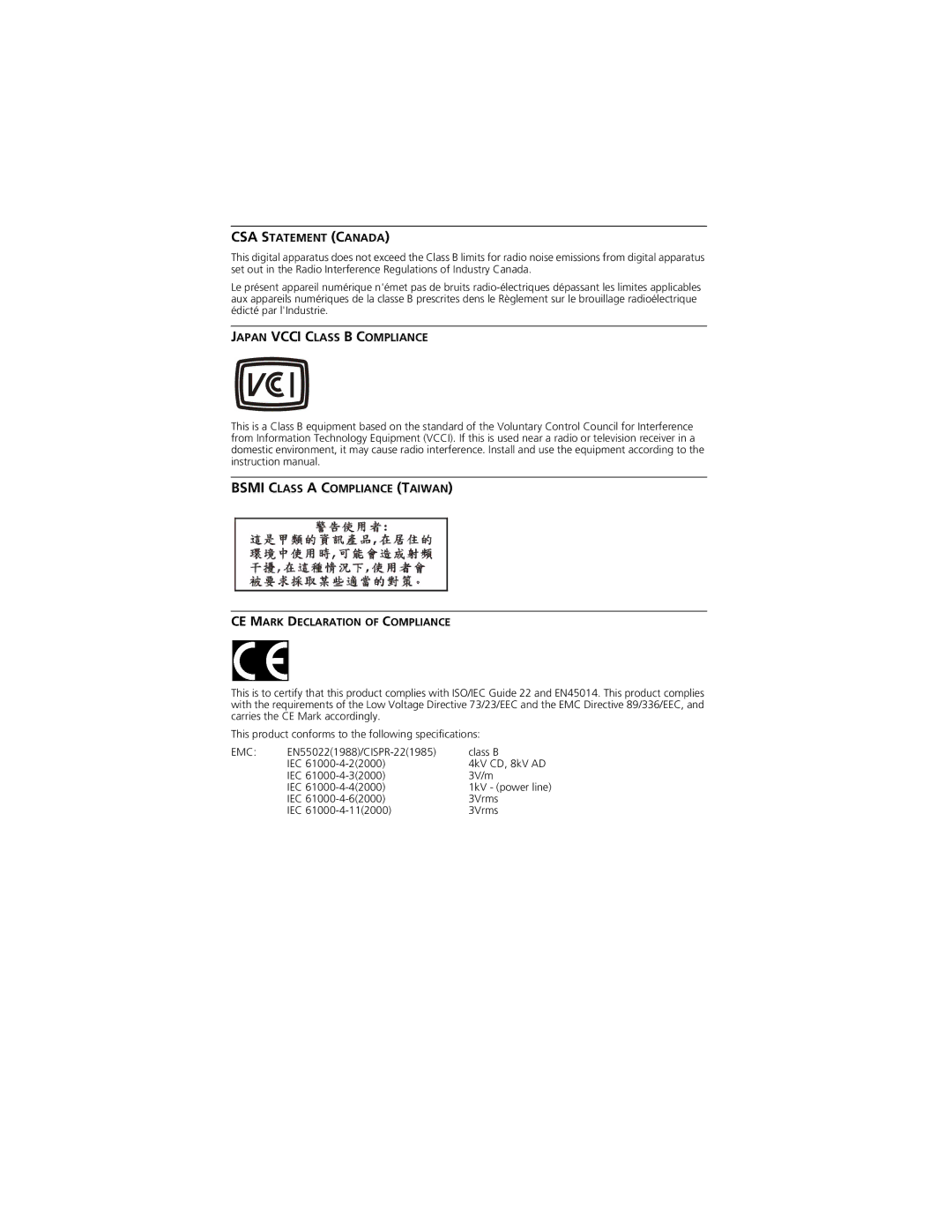 3Com 3CRWE777A manual Japan Vcci Class B Compliance Bsmi Class a Compliance Taiwan 