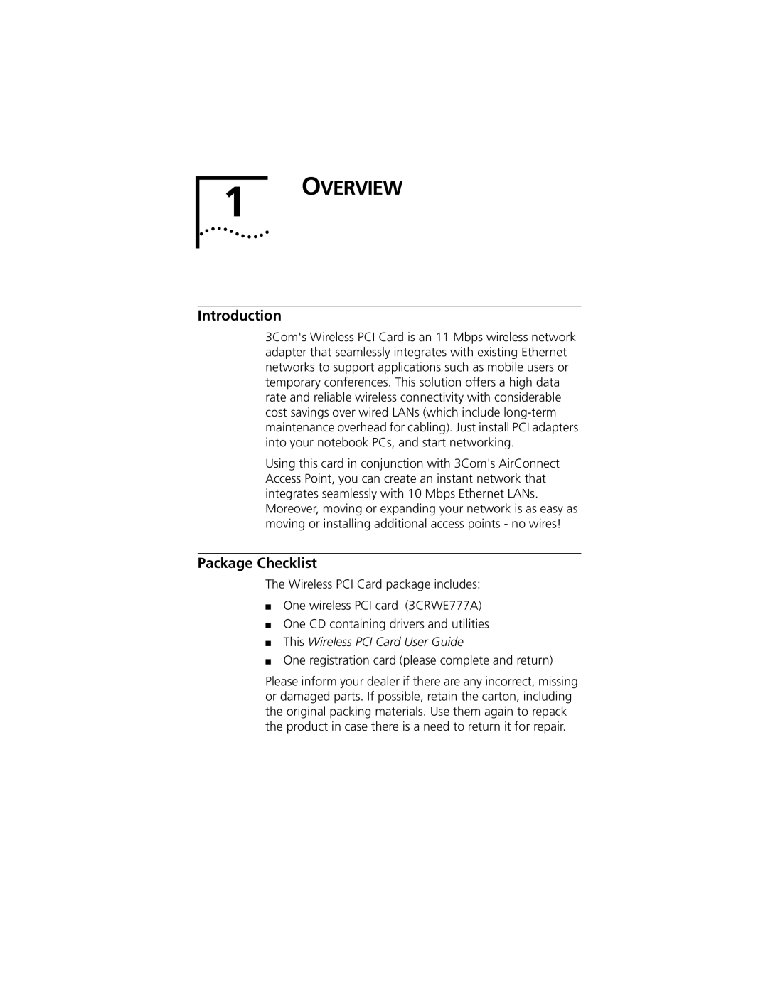 3Com 3CRWE777A manual Overview, Introduction, Package Checklist 