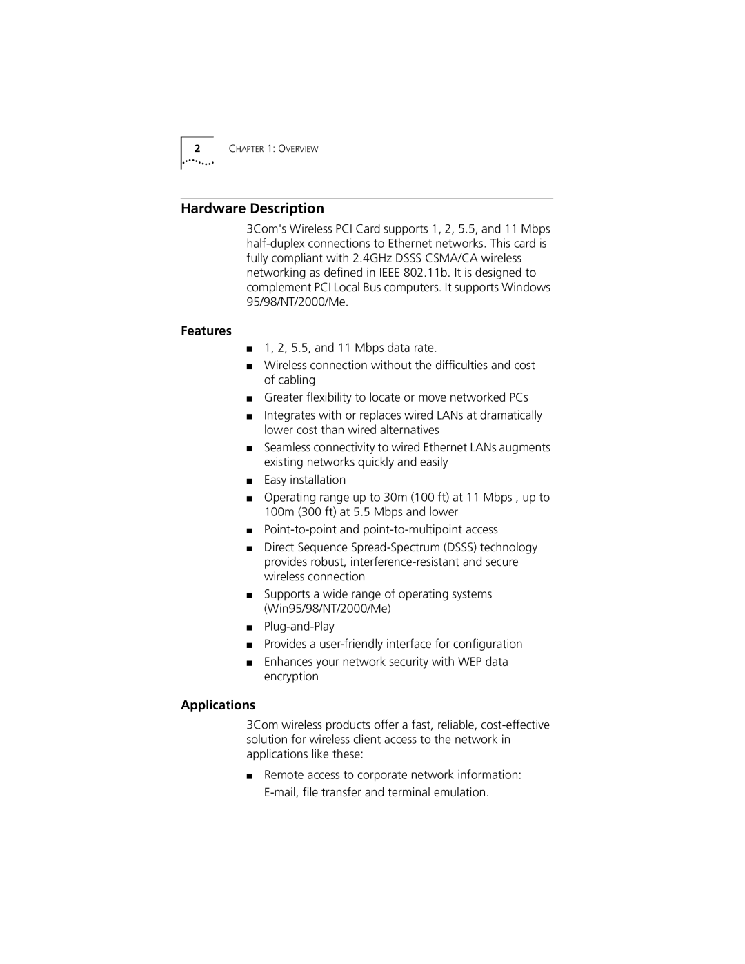 3Com 3CRWE777A manual Hardware Description, Features, Applications 