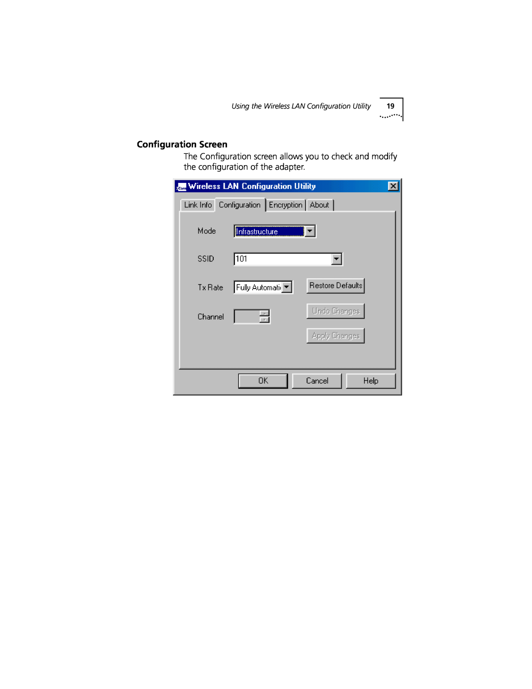 3Com 3CRWE777A manual Conﬁguration Screen, Using the Wireless LAN Conﬁguration Utility 