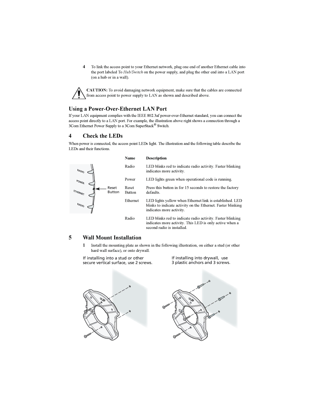 3Com 3CRWE825075A, 3CRWE850075A, 3CRWE875075A Using a Power-Over-Ethernet LAN Port, Check the LEDs, Wall Mount Installation 