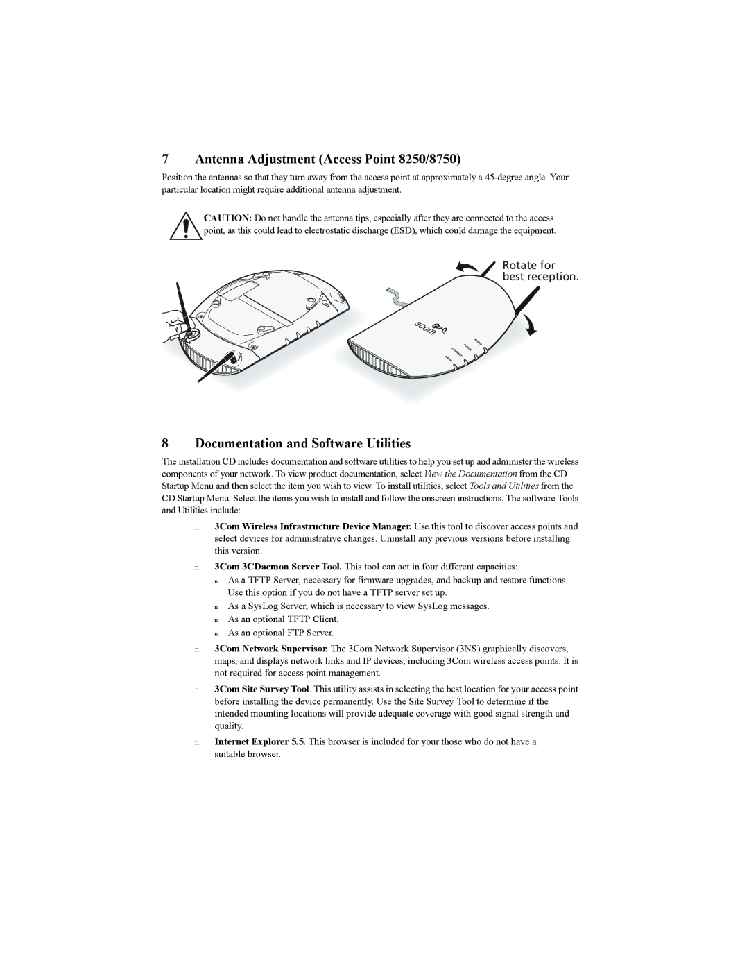 3Com 3CRWE850075A, 3CRWE825075A quick start Antenna Adjustment Access Point 8250/8750, Documentation and Software Utilities 