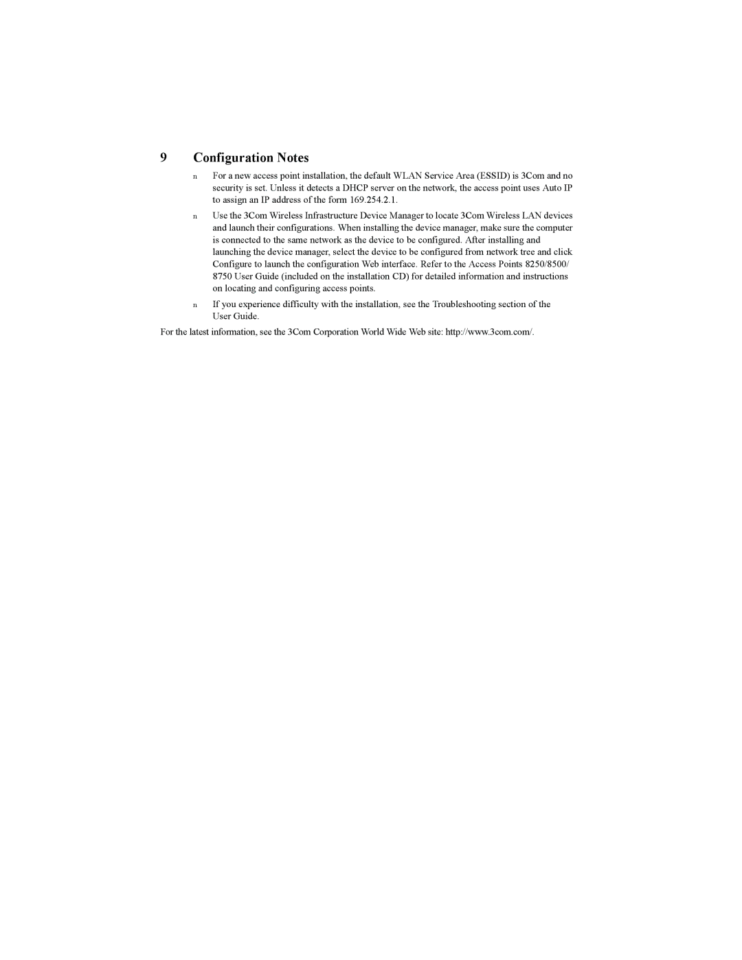 3Com 3CRWE825075A, 3CRWE850075A, 3CRWE875075A quick start Configuration Notes 