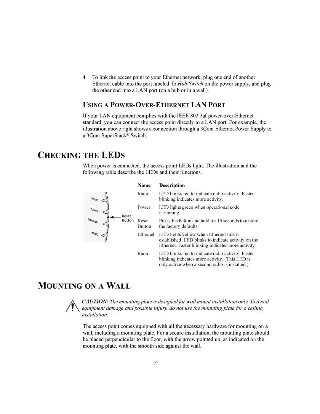 3Com 3CRWE825075A, 3CRWE850075A, 3CRWE875075A Checking the Leds, Mounting on a Wall, Using a POWER-OVER-ETHERNET LAN Port 