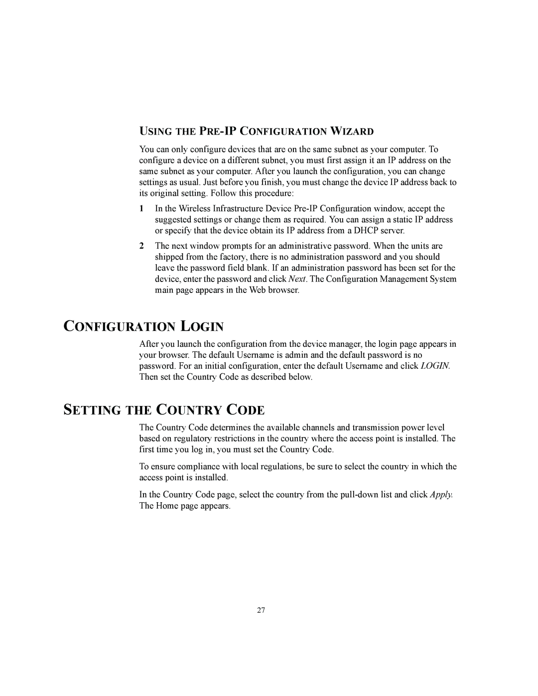 3Com 3CRWE850075A, 3CRWE825075A manual Configuration Login, Setting the Country Code, Using the PRE-IP Configuration Wizard 