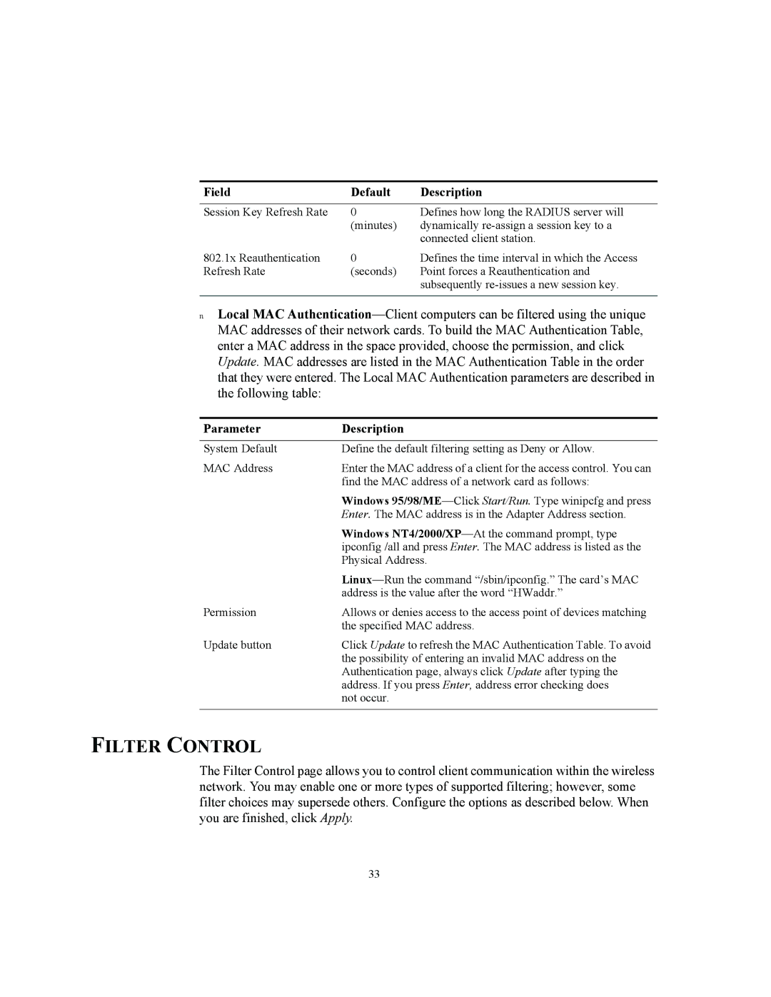 3Com 3CRWE850075A, 3CRWE825075A, 3CRWE875075A manual Filter Control, Parameter Description 