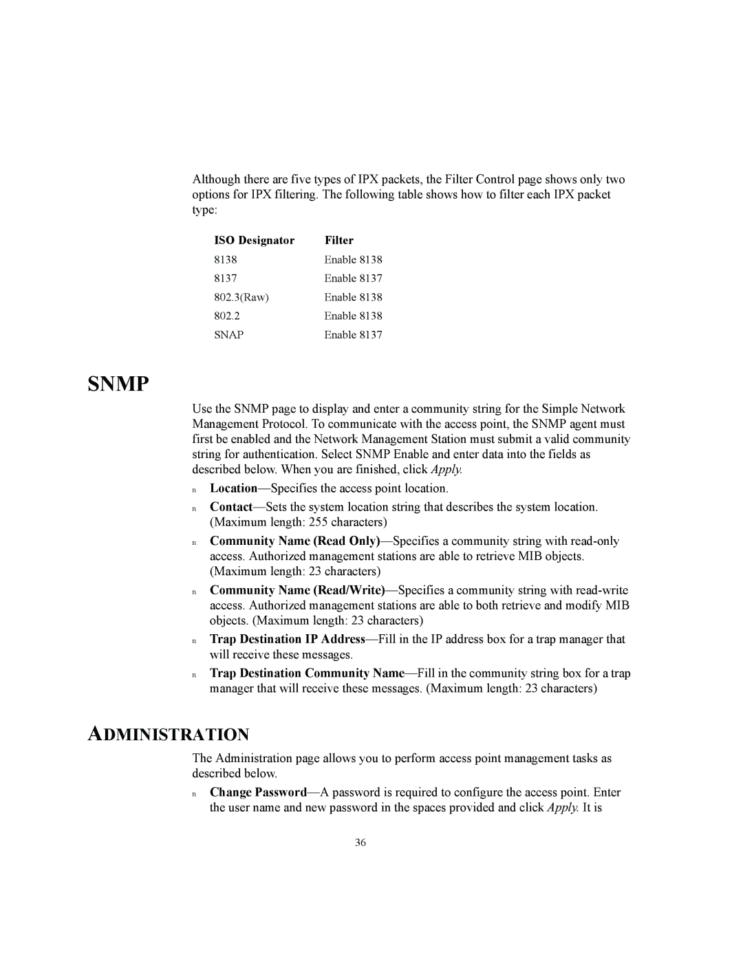 3Com 3CRWE850075A, 3CRWE825075A, 3CRWE875075A manual Snmp, Administration 