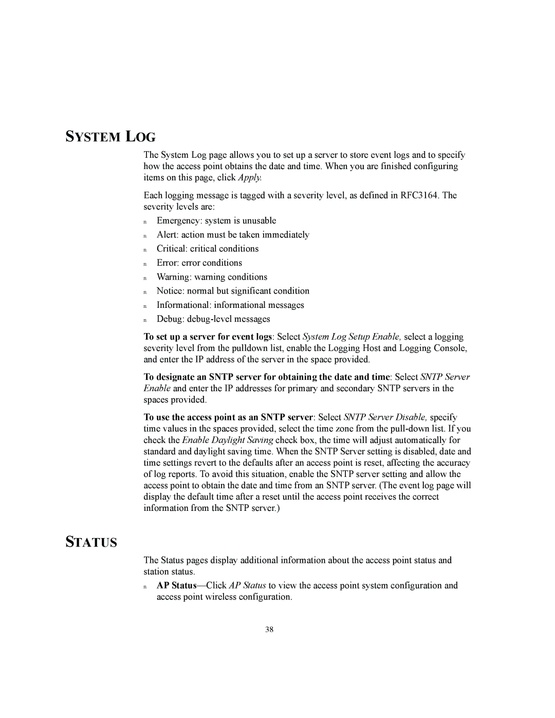 3Com 3CRWE875075A, 3CRWE850075A, 3CRWE825075A manual System LOG, Status 