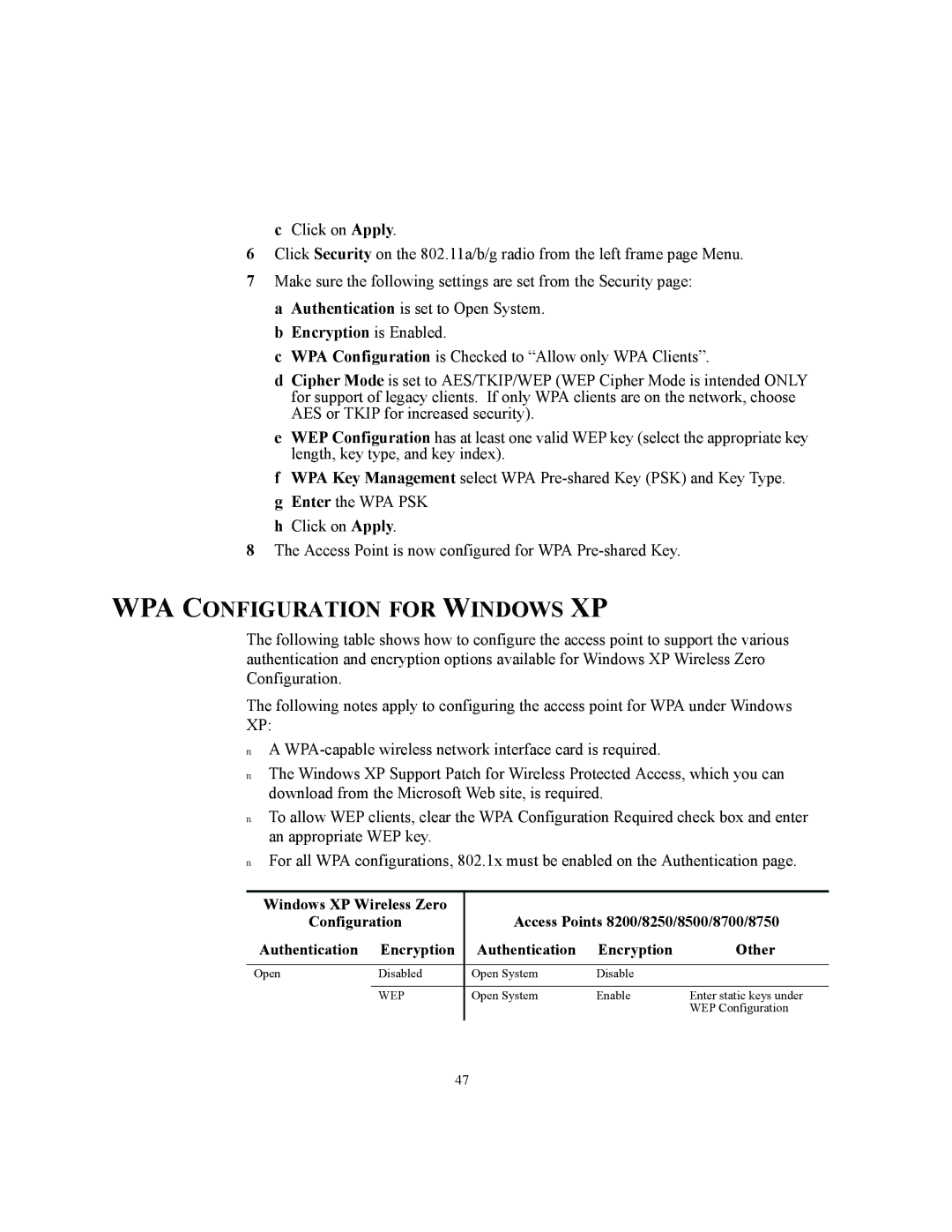 3Com 3CRWE875075A, 3CRWE850075A, 3CRWE825075A manual WPA Configuration for Windows XP 