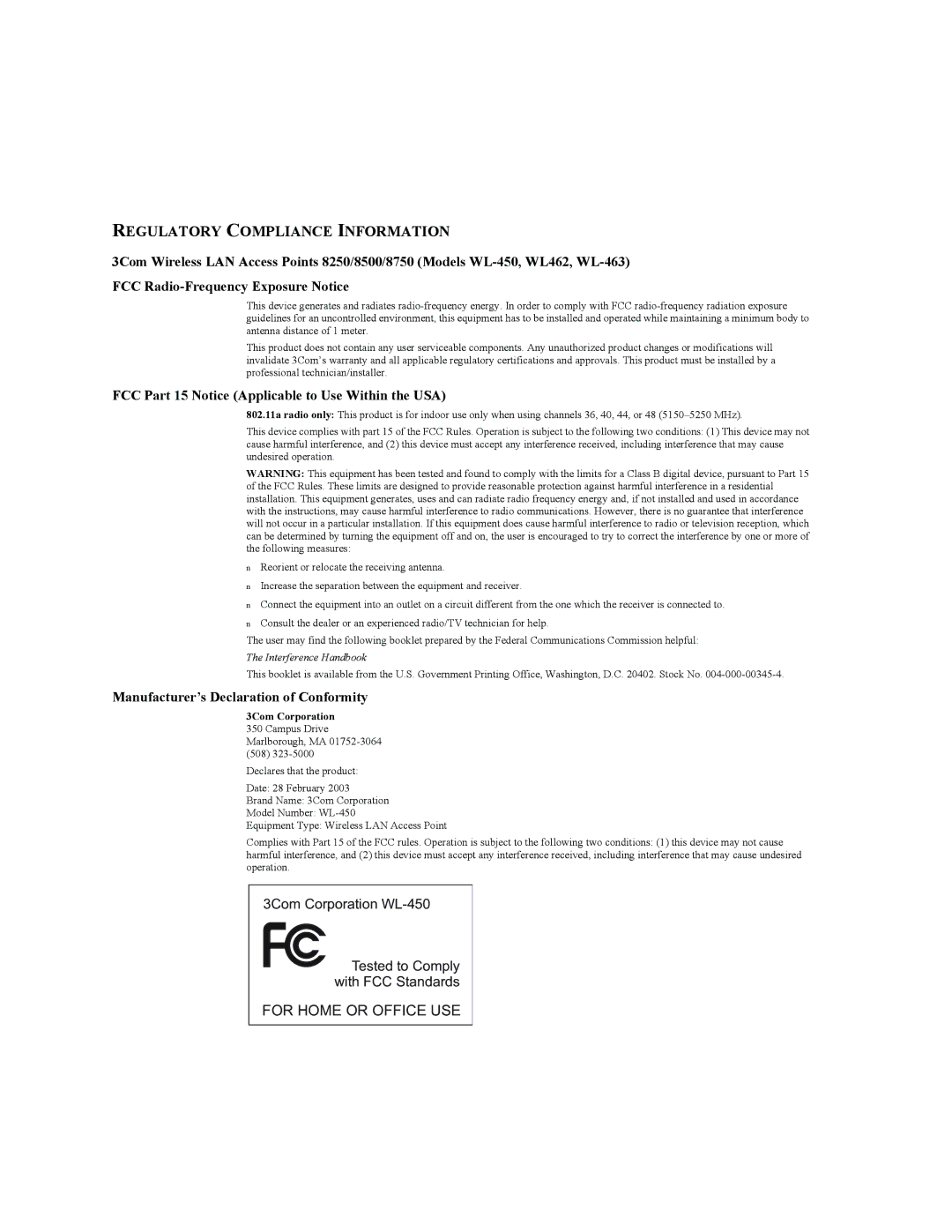 3Com 3CRWE875075A, 3CRWE850075A, 3CRWE825075A manual Regulatory Compliance Information 