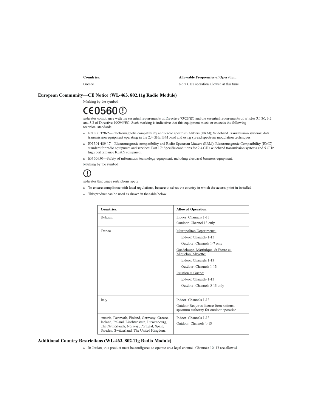 3Com 3CRWE825075A, 3CRWE850075A, 3CRWE875075A manual Additional Country Restrictions WL-463, 802.11g Radio Module 