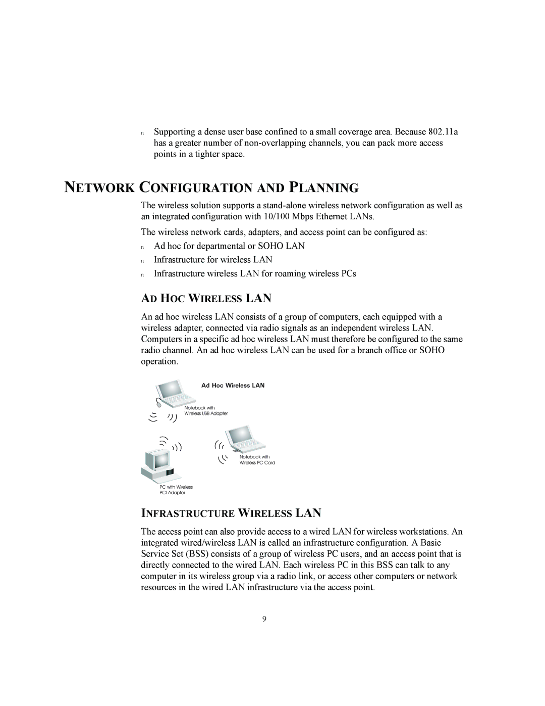 3Com 3CRWE850075A, 3CRWE825075A manual Network Configuration and Planning, AD HOC Wireless LAN, Infrastructure Wireless LAN 