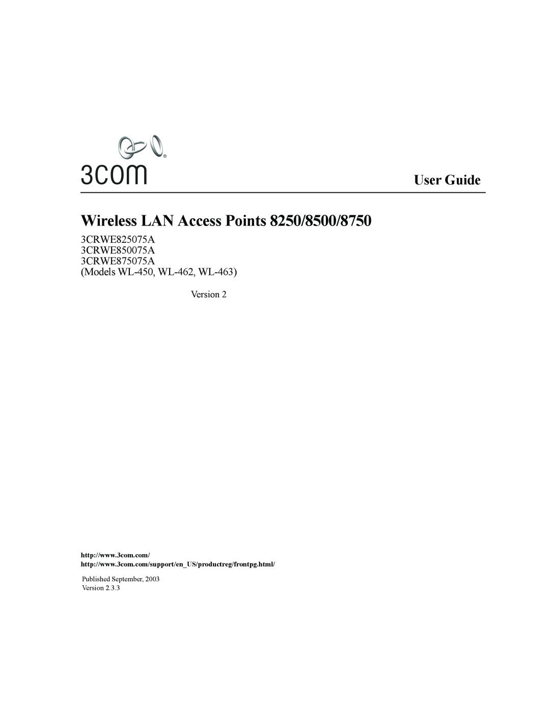 3Com 3CRWE825075A, 3CRWE850075A, 3CRWE875075A manual Wireless LAN Access Points 8250/8500/8750, User Guide 