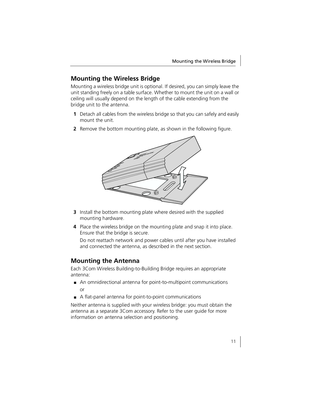 3Com 3CRWE90096A quick start Mounting the Wireless Bridge, Mounting the Antenna 