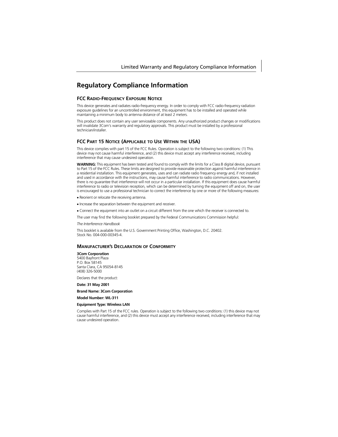 3Com 3CRWE90096A quick start FCC RADIO-FREQUENCY Exposure Notice, FCC Part 15 Notice Applicable to USE Within the USA 