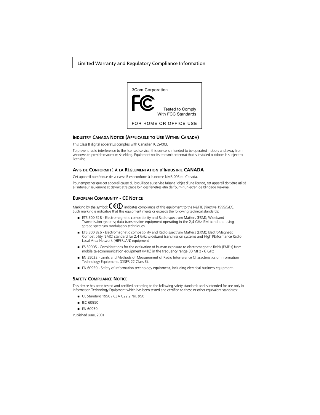 3Com 3CRWE90096A quick start Industry Canada Notice Applicable to USE Within Canada, European Community CE Notice 