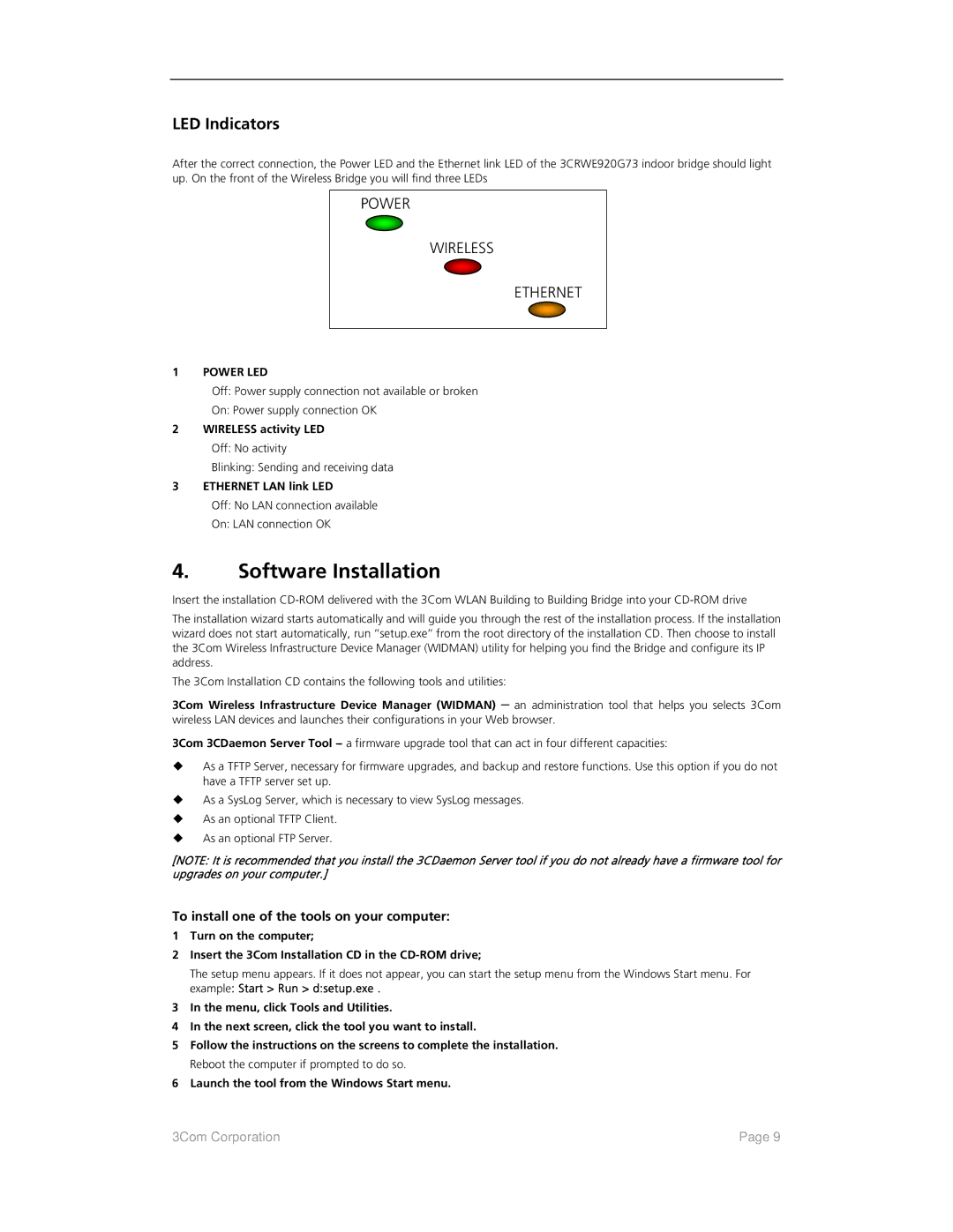 3Com 3CRWE920G73, 3CRWEASYG73 Software Installation, LED Indicators, To install one of the tools on your computer 