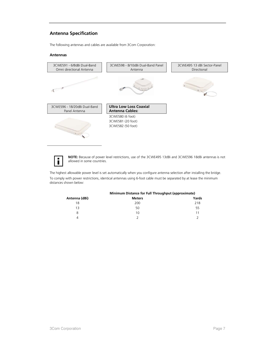 3Com 3CRWE920G73, 3CRWEASYG73 quick start Antenna Specification, Antennas, Ultra Low Loss Coaxial Antenna Cables 