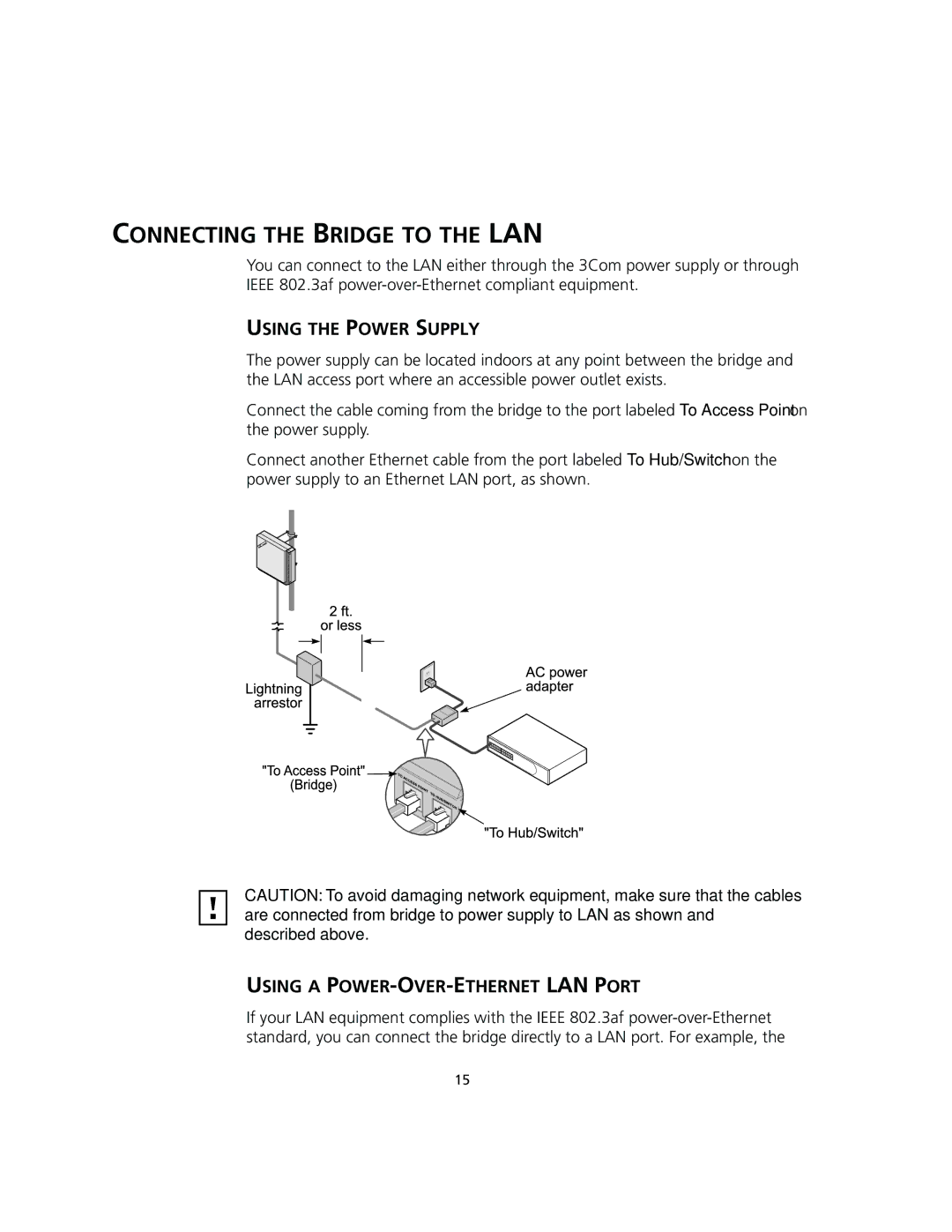 3Com 3CRWEASY96A manual Connecting the Bridge to the LAN, Using the Power Supply, Using a POWER-OVER-ETHERNET LAN Port 