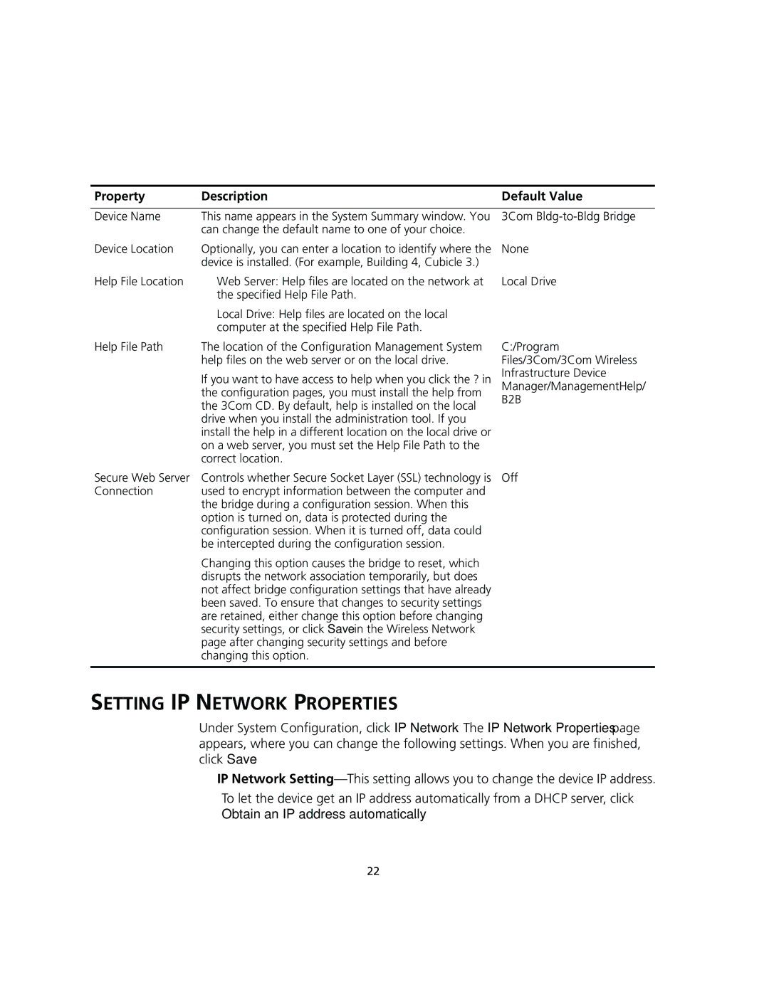 3Com 3CRWEASY96A manual Setting IP Network Properties, Property Description Default Value 