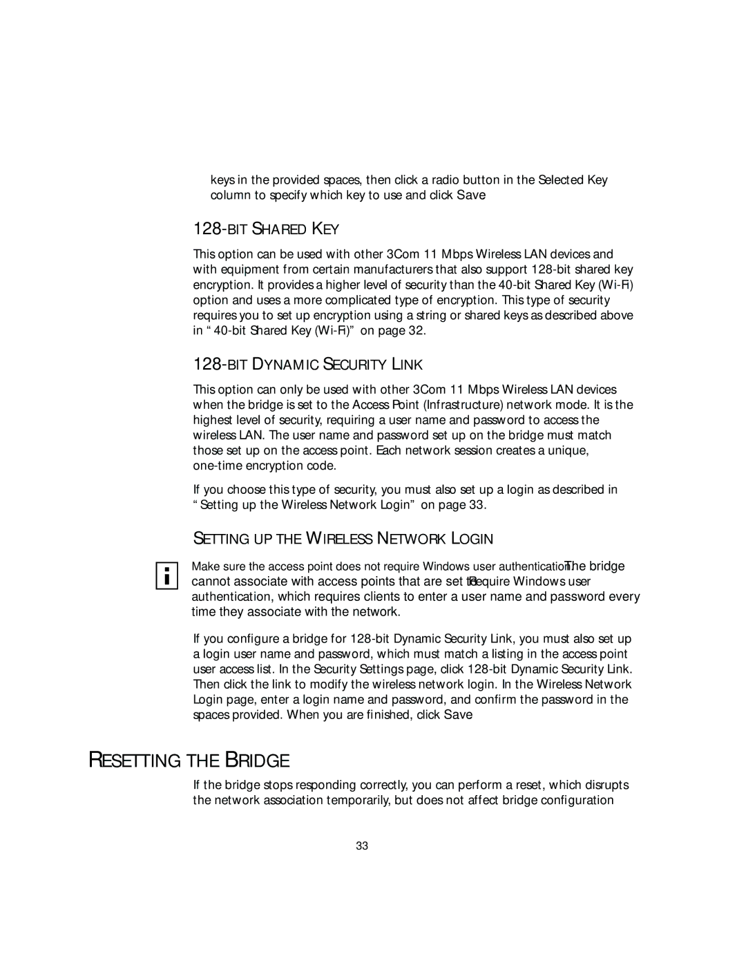 3Com 3CRWEASY96A Resetting the Bridge, BIT Shared KEY, BIT Dynamic Security Link, Setting UP the Wireless Network Login 