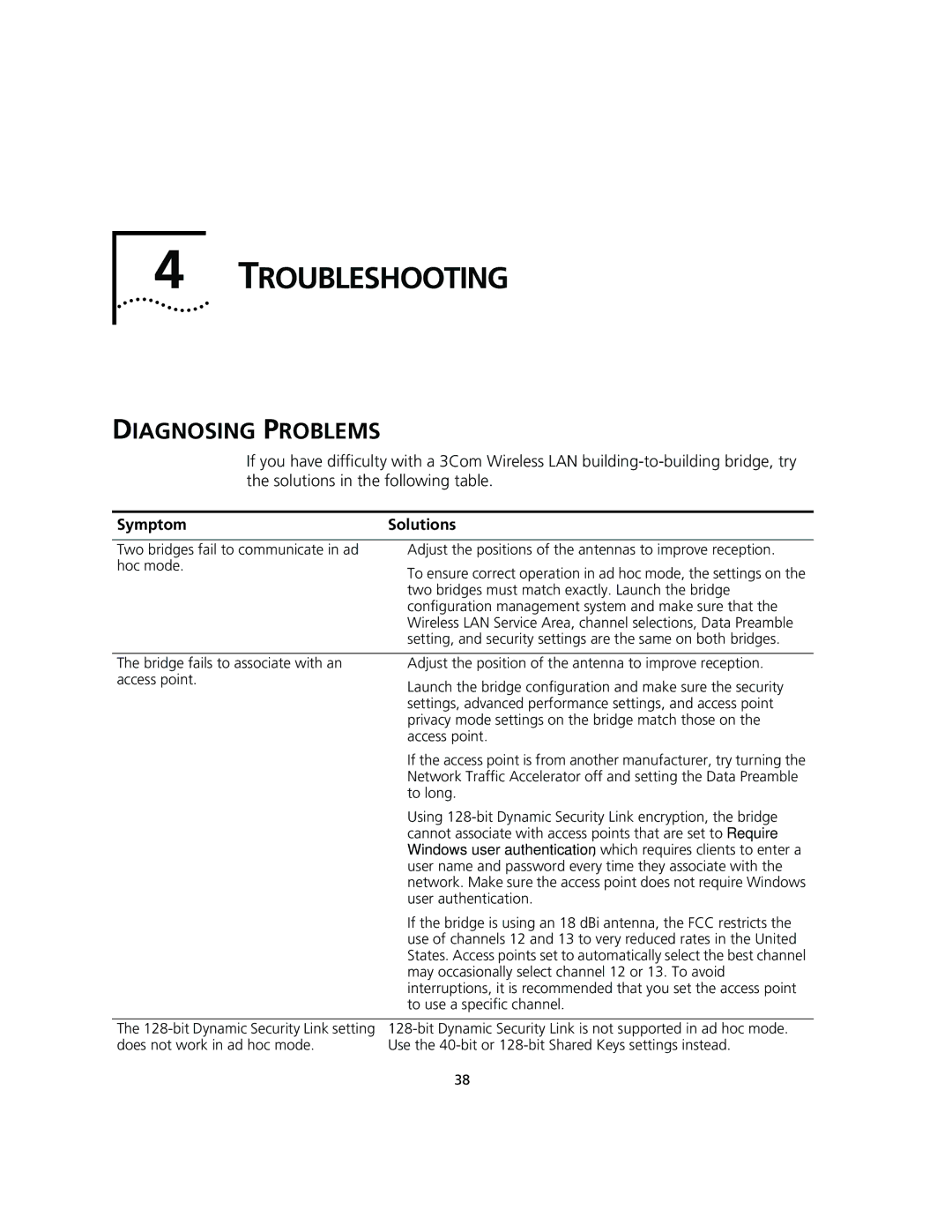 3Com 3CRWEASY96A manual Diagnosing Problems, Symptom Solutions 