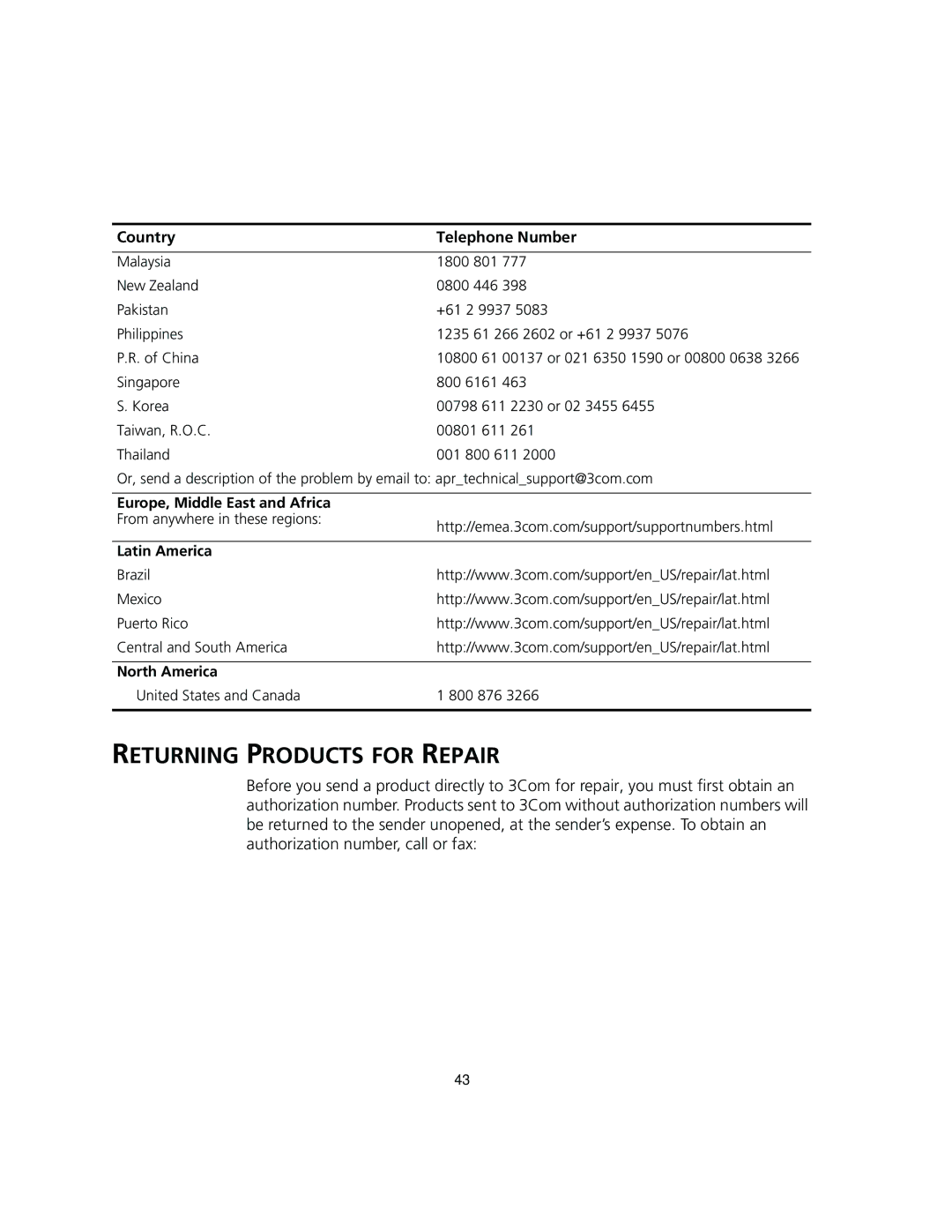 3Com 3CRWEASY96A Returning Products for Repair, Country Telephone Number, Europe, Middle East and Africa, Latin America 