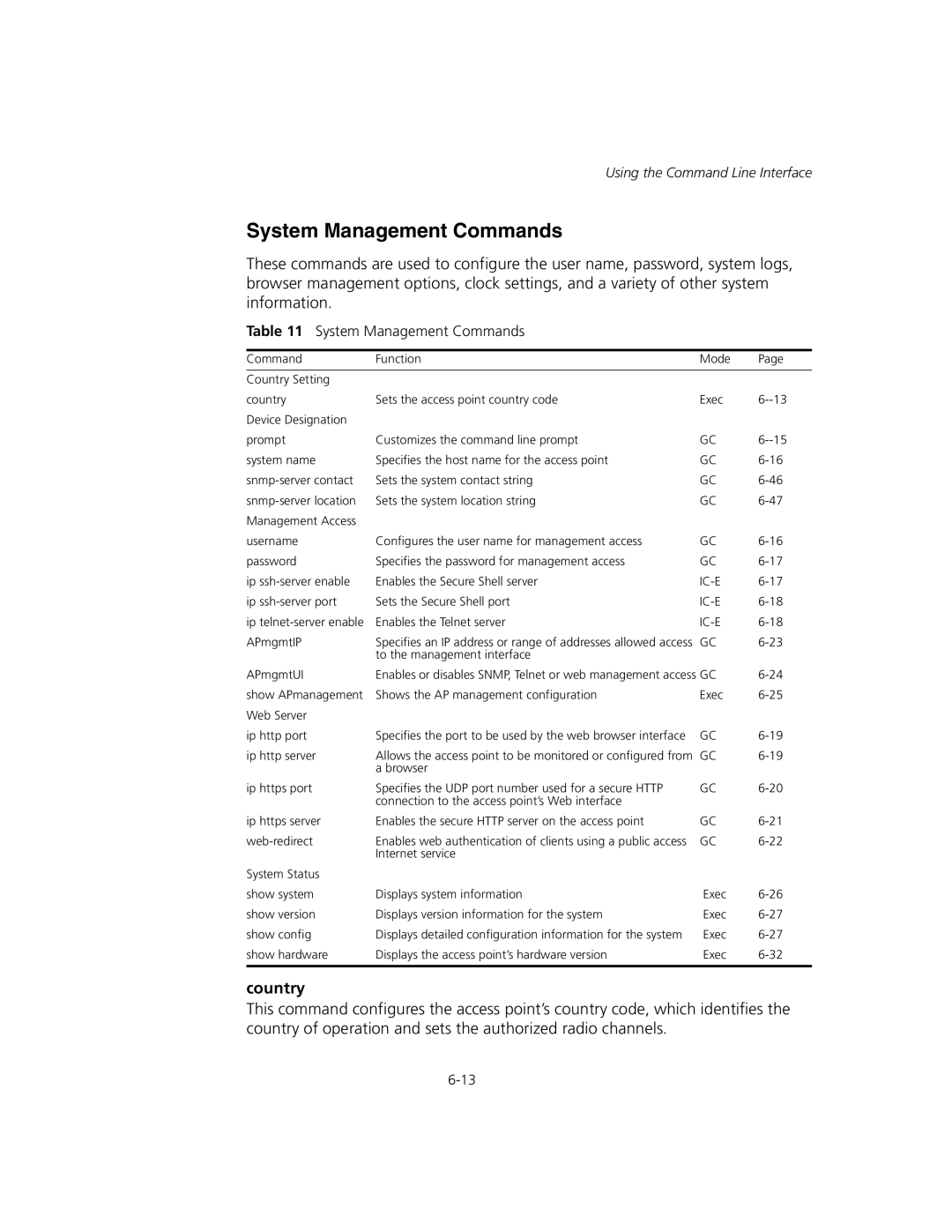 3Com WL-575, 3CRWEASYA73 manual System Management Commands, Country 