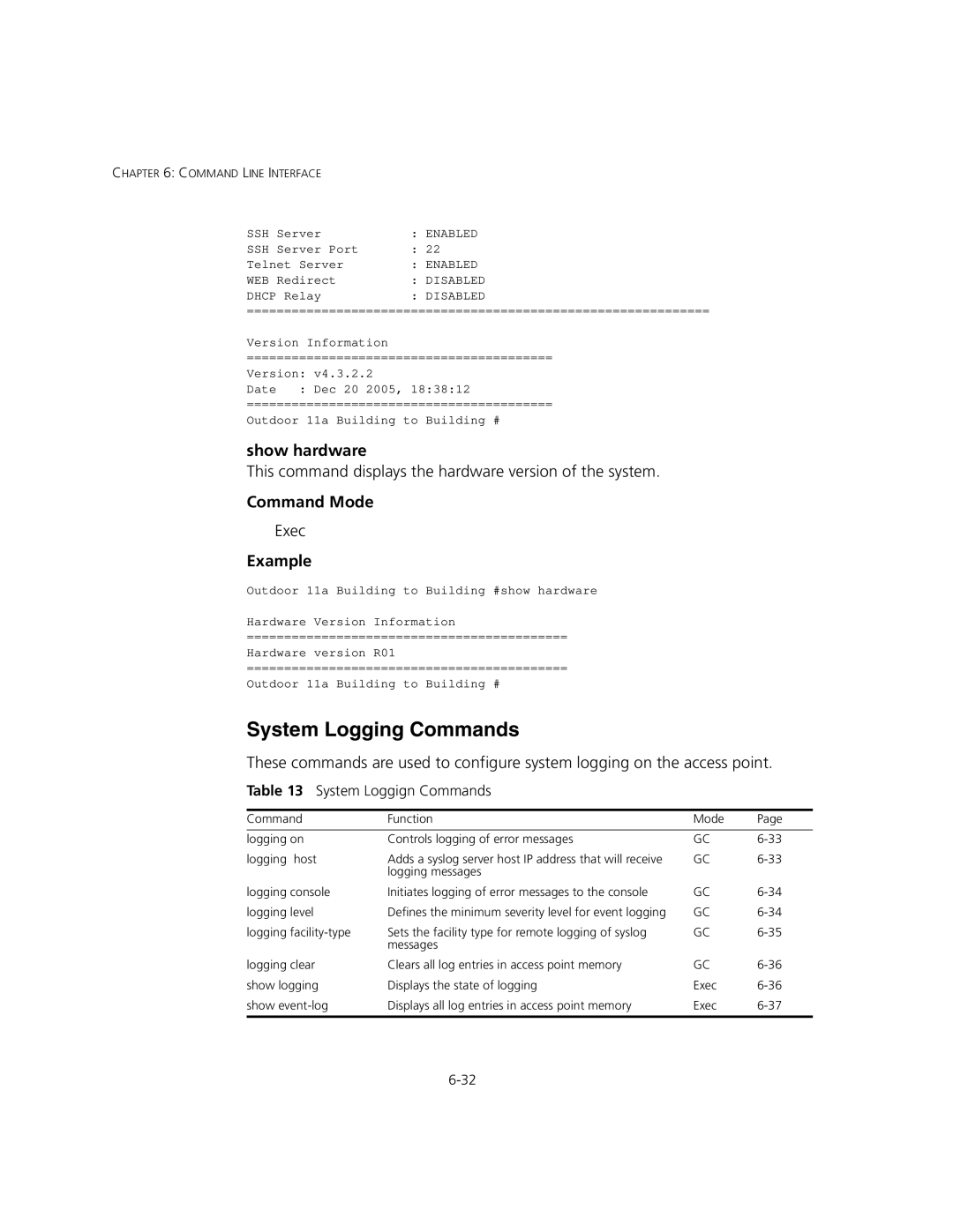 3Com 3CRWEASYA73, WL-575 manual System Logging Commands, Show hardware, System Loggign Commands 