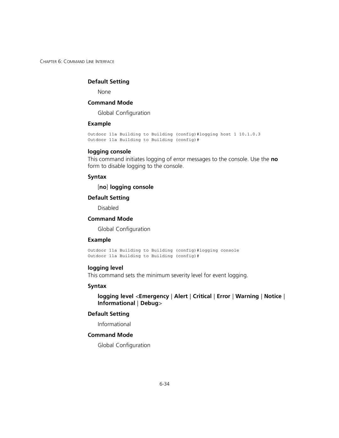 3Com 3CRWEASYA73, WL-575 manual Logging console, Syntax No logging console Default Setting, Logging level 