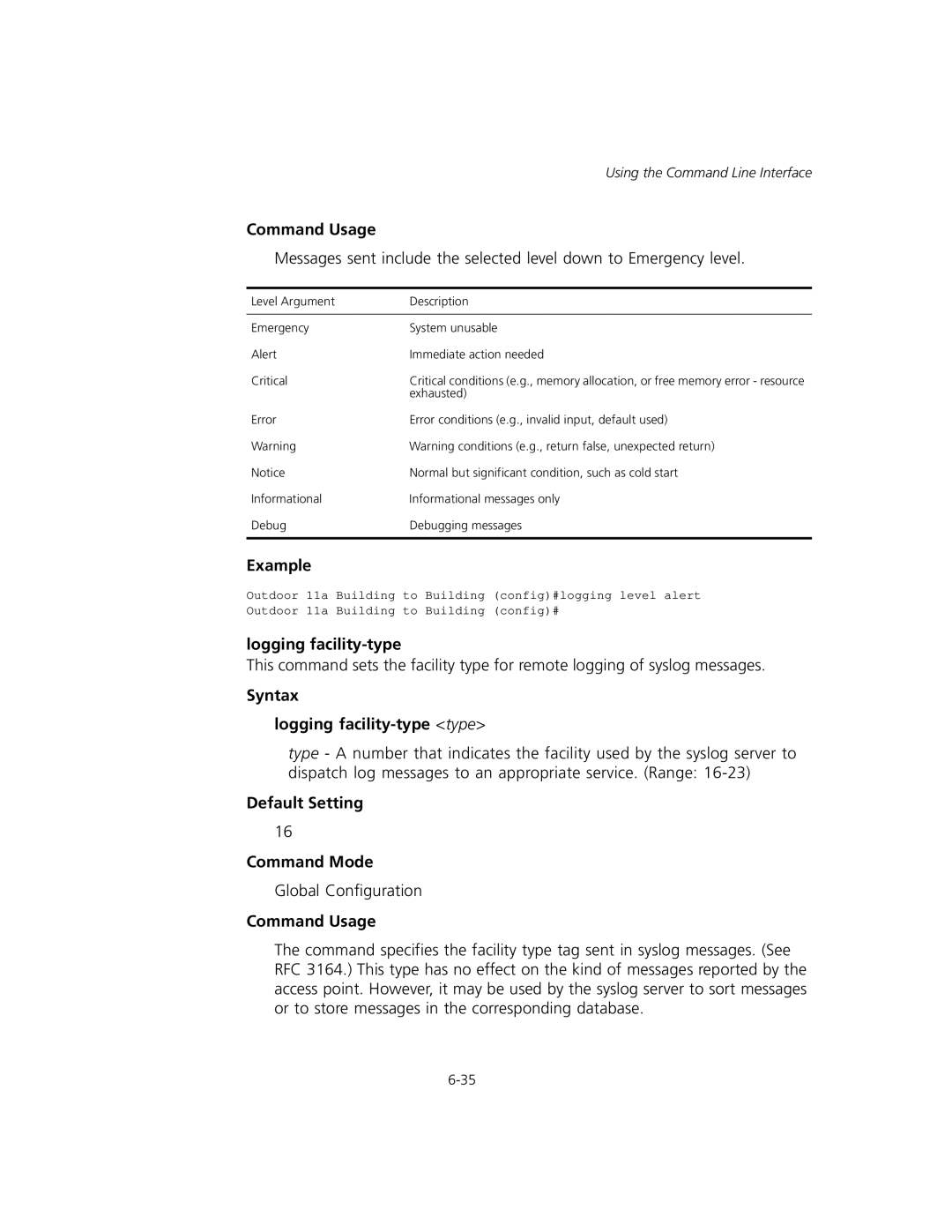 3Com WL-575, 3CRWEASYA73 manual Syntax Logging facility-type type 