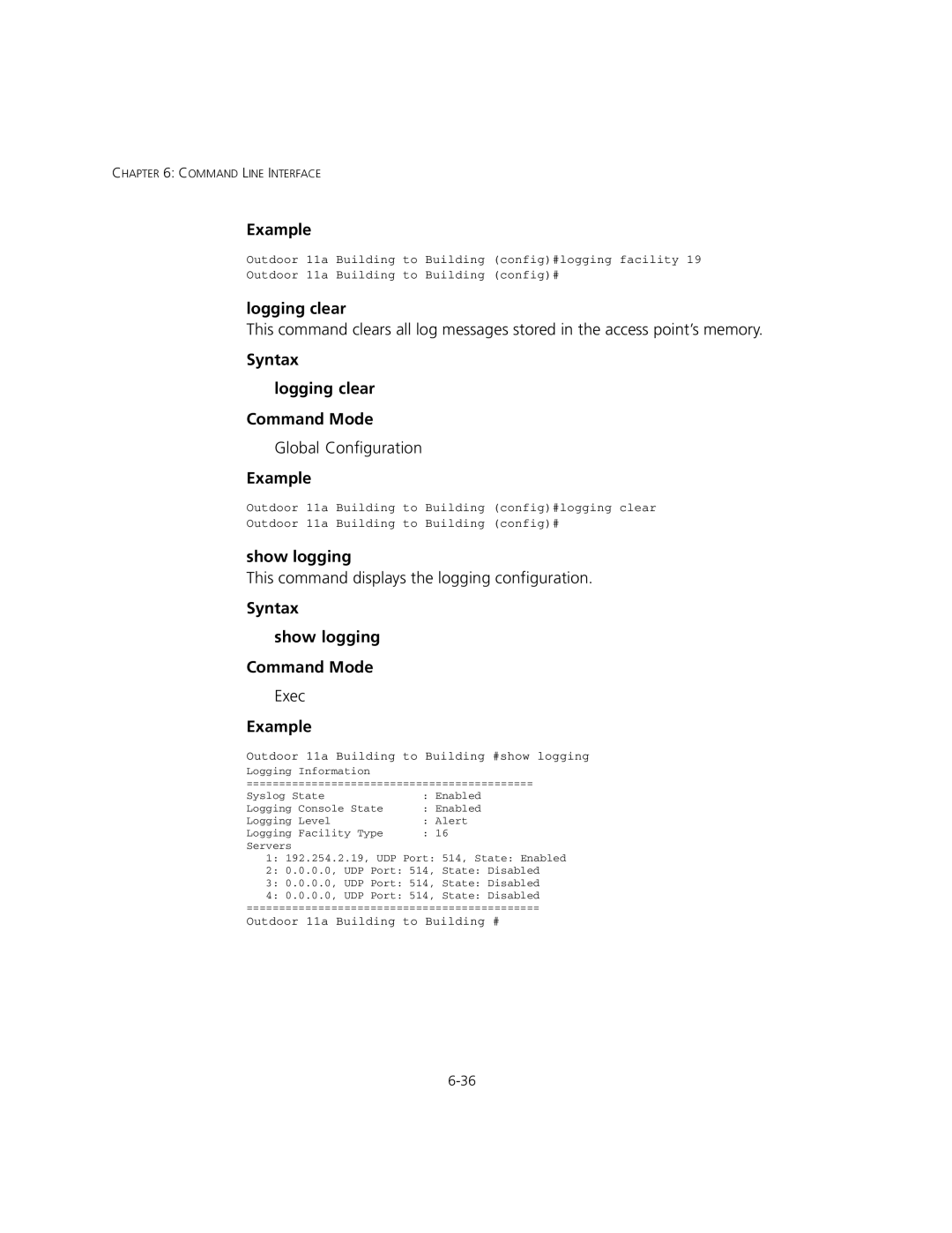 3Com 3CRWEASYA73, WL-575 manual Syntax Logging clear Command Mode, Syntax Show logging Command Mode 