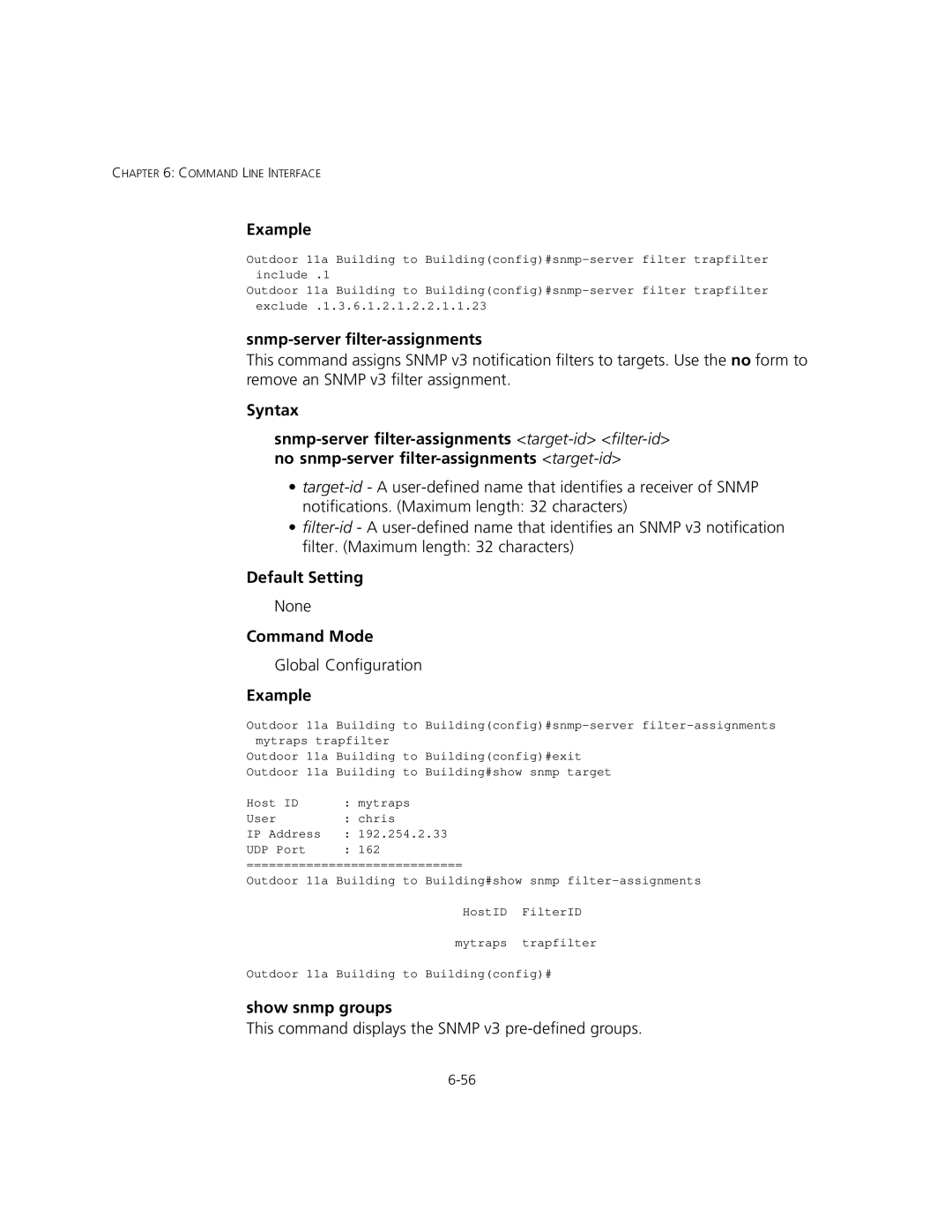 3Com 3CRWEASYA73, WL-575 manual Snmp-server filter-assignments, Show snmp groups 