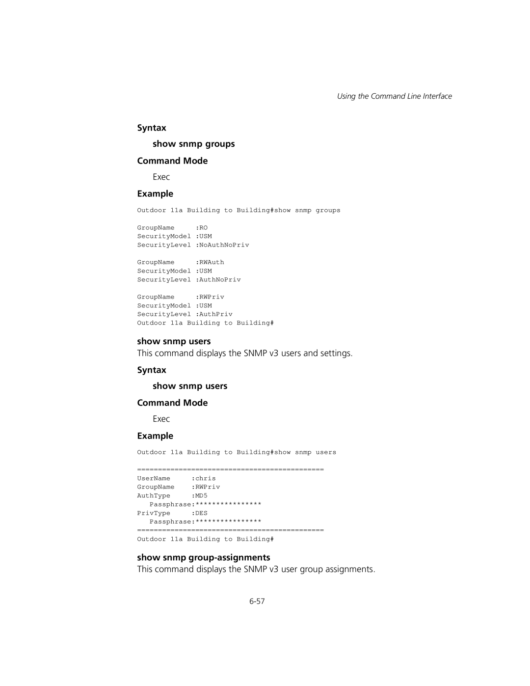 3Com WL-575 Syntax Show snmp groups Command Mode, Syntax Show snmp users Command Mode, Show snmp group-assignments 