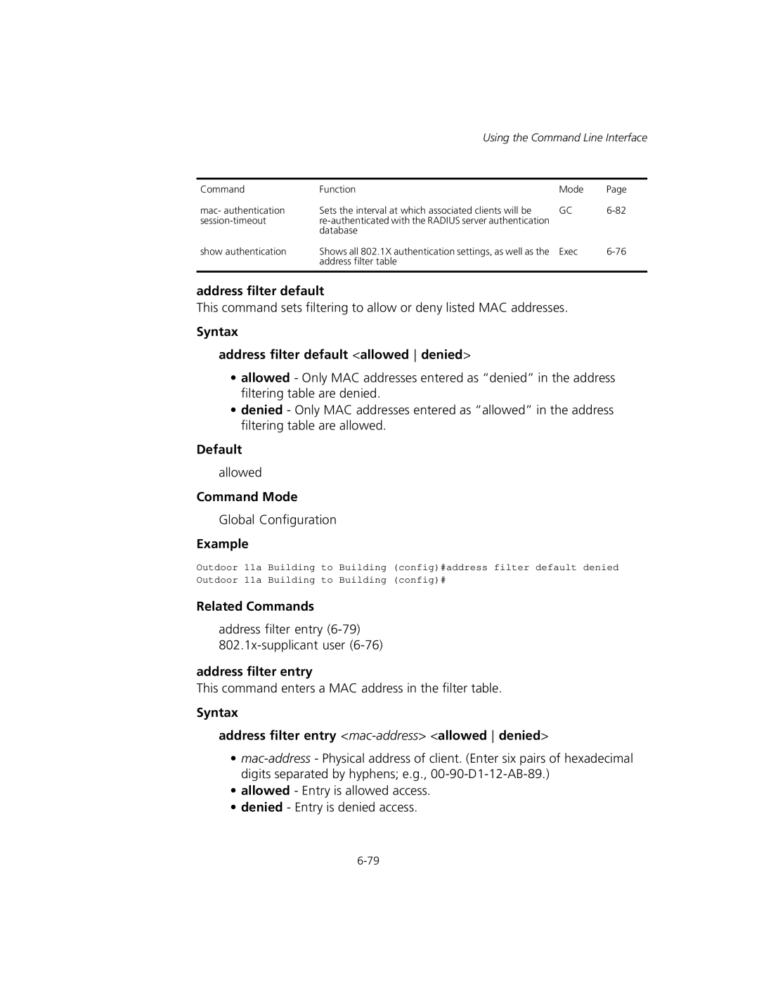 3Com WL-575, 3CRWEASYA73 manual Syntax Address filter default allowed denied, Address filter entry 