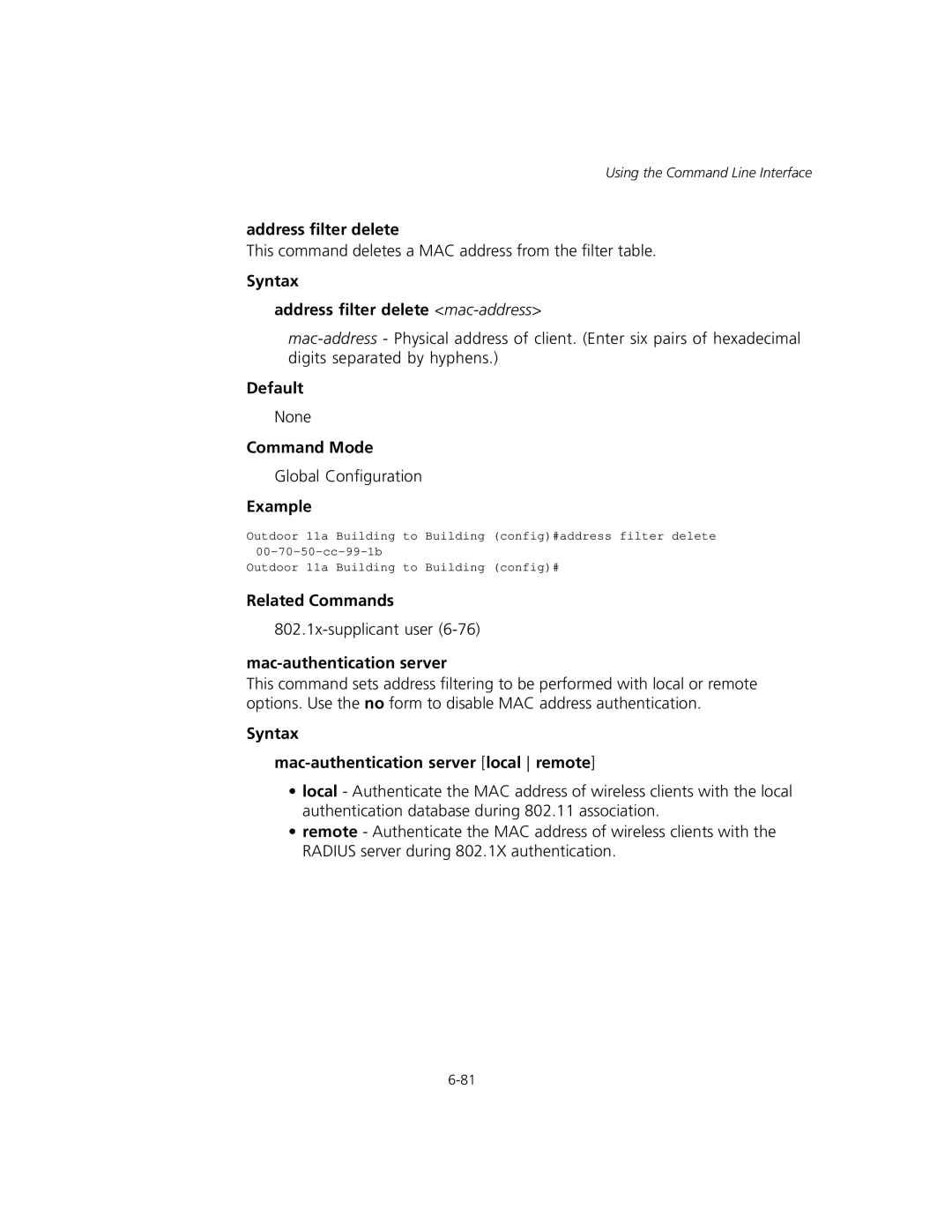 3Com WL-575, 3CRWEASYA73 manual Syntax Address filter delete mac-address, Mac-authentication server 