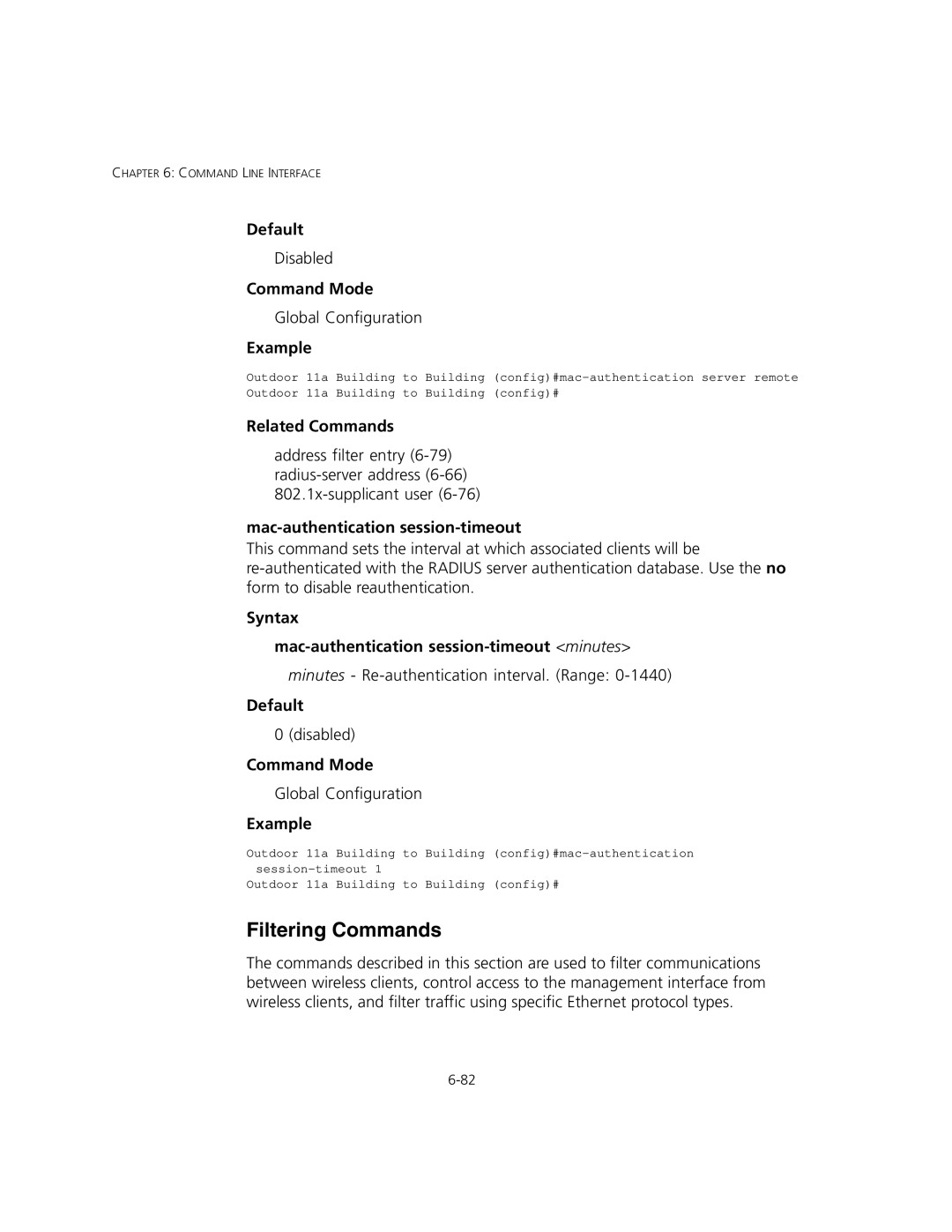 3Com 3CRWEASYA73, WL-575 manual Filtering Commands, Syntax Mac-authentication session-timeout minutes 