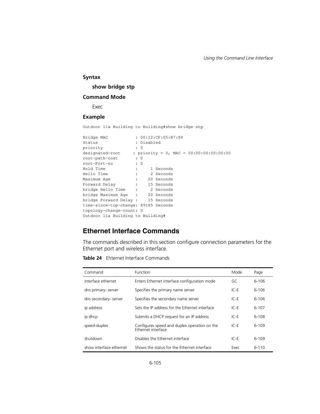 3Com WL-575, 3CRWEASYA73 Ethernet Interface Commands, Syntax Show bridge stp Command Mode, Ehternet Interface Commands 