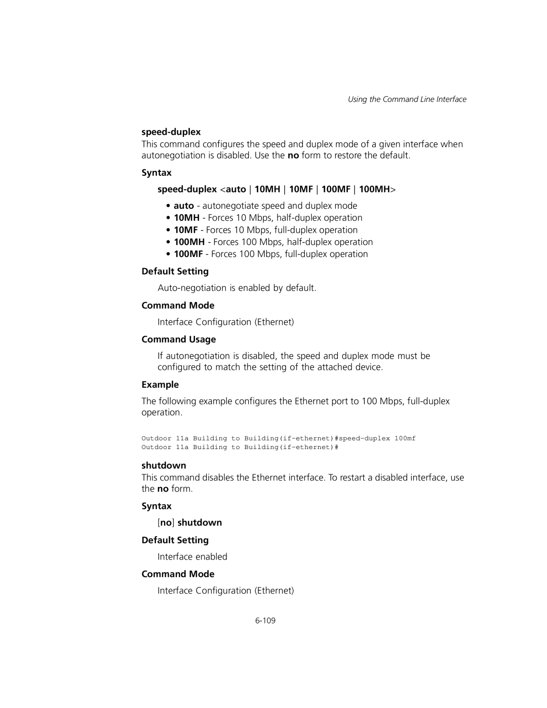 3Com WL-575, 3CRWEASYA73 Syntax Speed-duplex auto 10MH 10MF 100MF 100MH, Shutdown, Syntax No shutdown Default Setting 