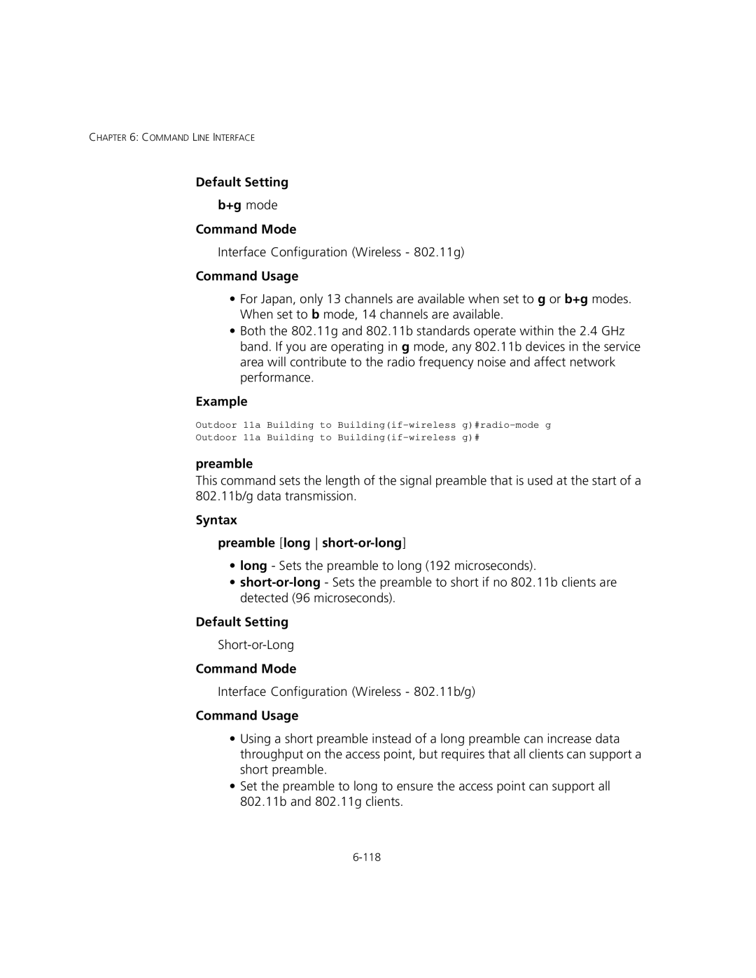 3Com 3CRWEASYA73, WL-575 manual Default Setting +g mode Command Mode, Syntax Preamble long short-or-long 