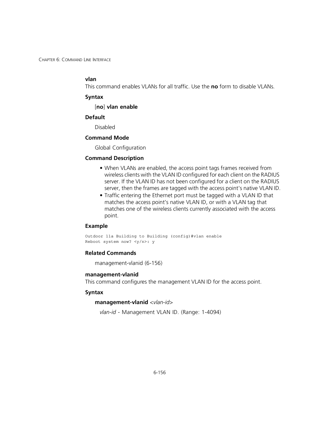 3Com 3CRWEASYA73, WL-575 manual Vlan, Syntax No vlan enable Default, Command Description, Management-vlanid 