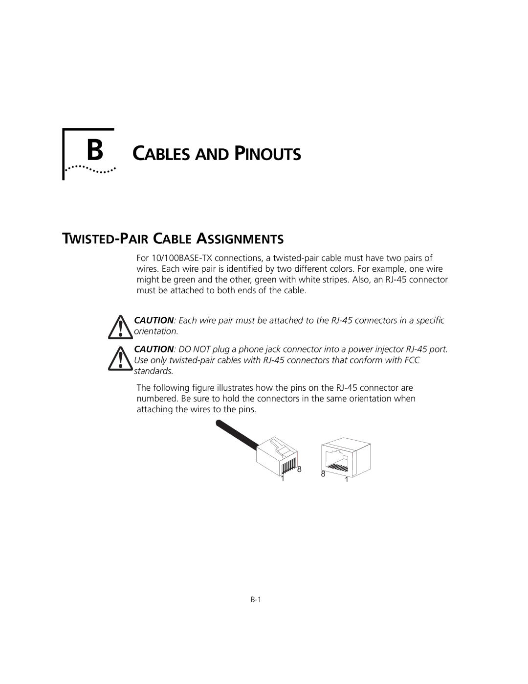 3Com WL-575, 3CRWEASYA73 manual Cables and Pinouts, TWISTED-PAIR Cable Assignments 